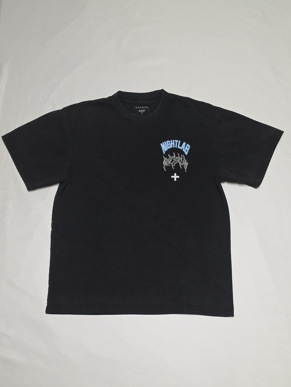 PacSun Nightlab Men's Black Short-Sleeve Tee with Light Blue Chest Graphic